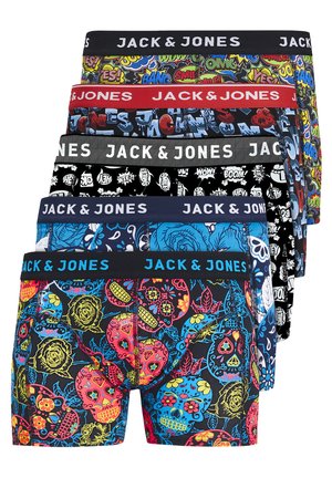 Sieben Paare von Jack & Jones Boxershorts in verschiedenen Farben und Mustern. Zu den Hauptdesigns gehören grafische Drucke, Totenköpfe und Comic-Motive.