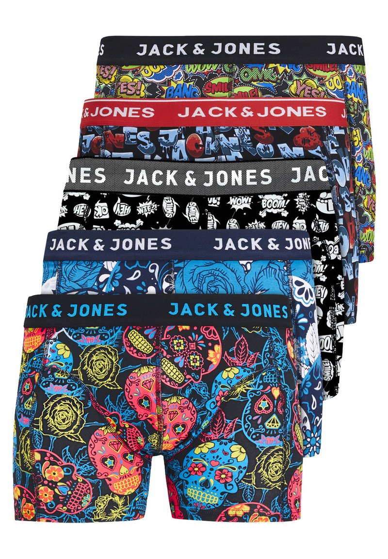 Sept paires de boxers Jack & Jones présentant des couleurs et motifs variés. Les designs clés incluent des impressions graphiques, des crânes et des motifs de comic.