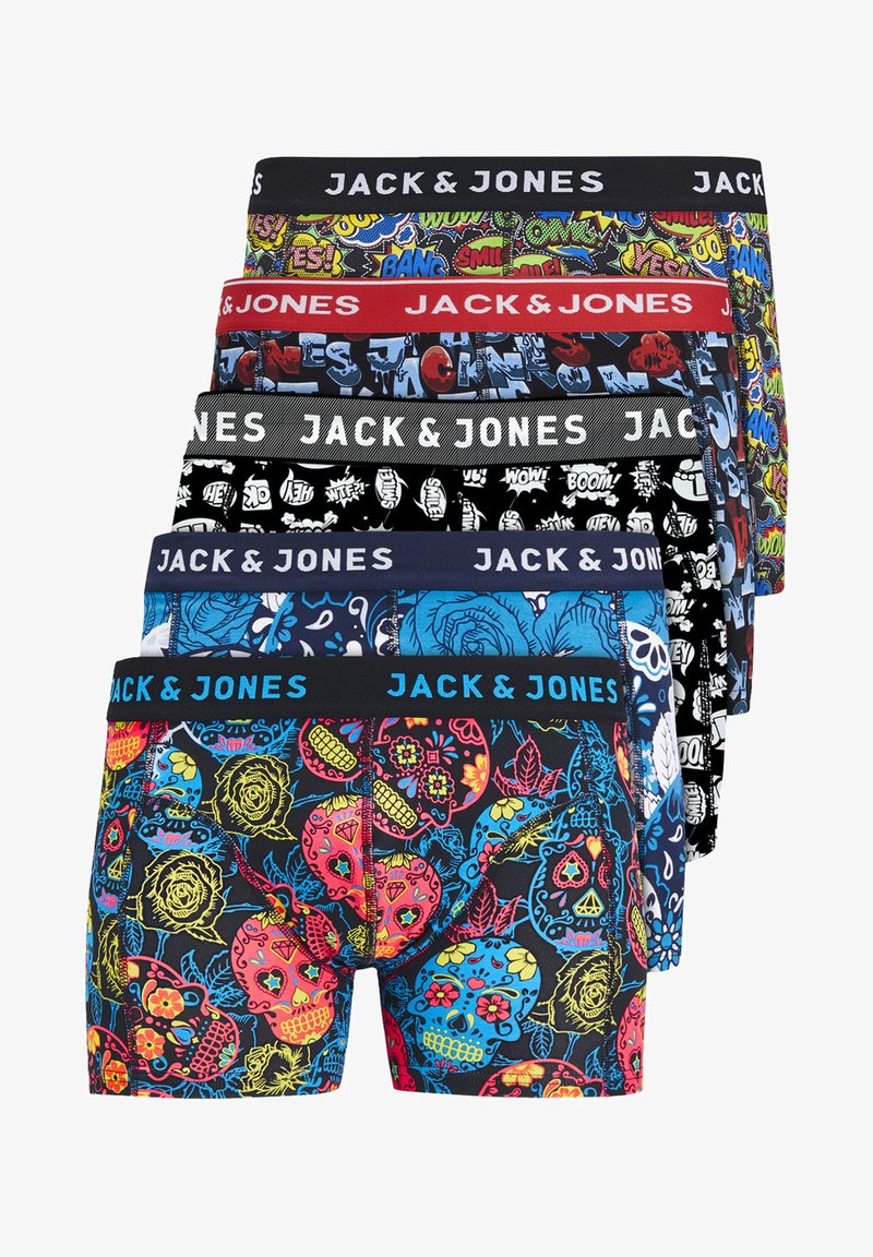 Sept paires de boxers Jack & Jones présentant des couleurs et motifs variés. Les designs clés incluent des impressions graphiques, des crânes et des motifs de comic.