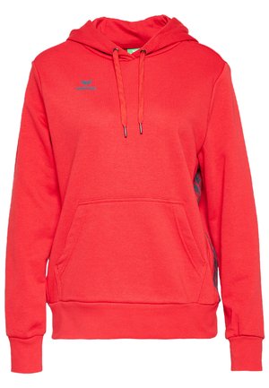 Felpa rossa con cappuccio regolabile, tasca a marsupio e logo blu. Presenta polsini e orlo a costine, realizzata in materiale morbido con una finitura testurizzata.