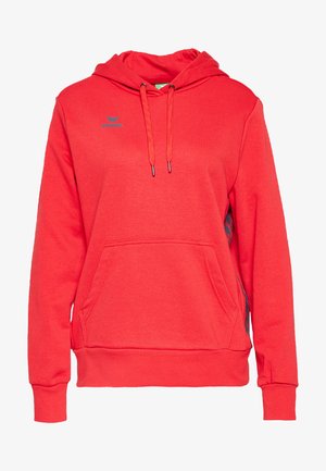 Felpa rossa con cappuccio regolabile, tasca a marsupio e logo blu. Presenta polsini e orlo a costine, realizzata in materiale morbido con una finitura testurizzata.