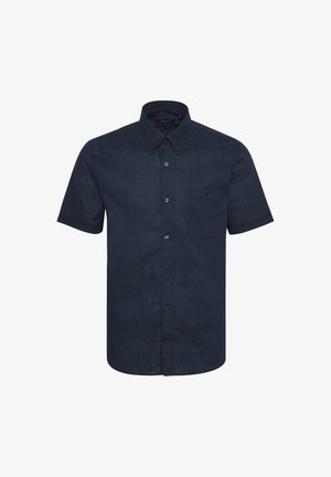 Marineblauwe korte mouw shirt van textuurstof met een button-down kraag, voorzien van een borstzak en zwarte knopen.