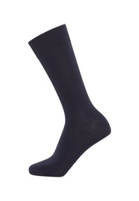 Navy socks made from soft cotton blend, featuring a ribbed cuff, smooth texture, and classic knee-height design.