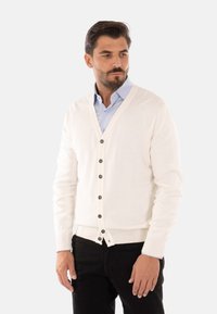 Cardigan lavorato a maglia bianco sporco con scollatura a V, sei bottoni scuri e polsini a costine; indossato sopra una camicia azzurra chiara con colletto abbottonato.