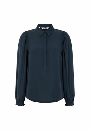 Marineblaue Bluse mit spitzem Kragen, langen Puffärmeln und durchgehender Knopfleiste. Weicher, glatter Stoff mit gerafften Details an den Ärmeln.