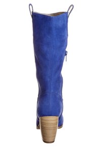 Modré semišové vysoké boty po kolena s masivním dřevěným podpatkem, vybavené bočním zipem a poutkem pro snadné nazouvání, hladkou texturou a čistým designem.