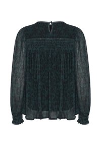 Blusa verde plissettata con maniche lunghe, scollo smock e polsini con ruches. Materiale trasparente con una finitura testurizzata e dettaglio di apertura sul retro.