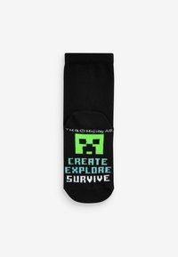 Sorte sokker lavet af bomuld, med et grønt pixeliseret logo og tekst, der siger "CREATE EXPLORE SURVIVE" i blå og hvid.