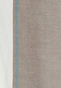Tessuto marrone con texture, caratterizzato da una sottile striscia turchese su un lato, contrastato da un bordo bianco semplice, creando un design geometrico.