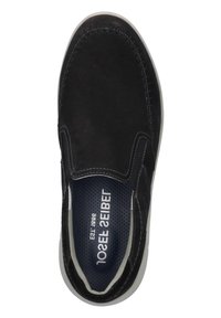 Sorte ruskindssko uden snørebånd med en rund tå, kontrasterende hvid syning og en tekstureret indersål. Lavprofil gummisål for komfort.