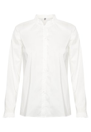 Weiße langärmelige Bluse mit Knopfleiste, Rüschenkragen und Rüschenmanschetten, entworfen für eine lockere, bequeme Passform.