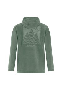 Fleece hoodie in gedempt groen, met een grafisch ontwerp van bergen in zigzagpatronen op de achterkant. Zachte textuur, lange mouwen en een capuchon.
