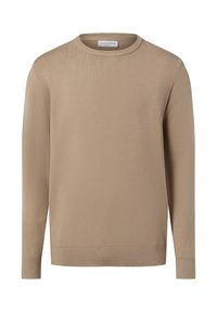 Beiger Langarm-Pullover mit Rundhalsausschnitt, geripptem Kragen, Bündchen und Saum, mit der Aufschrift "Lindbergh Relaxed Fit".