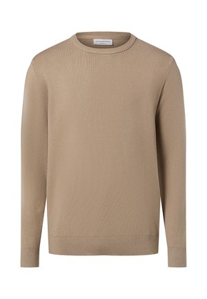 Beiger Langarm-Pullover mit Rundhalsausschnitt, geripptem Kragen, Bündchen und Saum, mit der Aufschrift "Lindbergh Relaxed Fit".