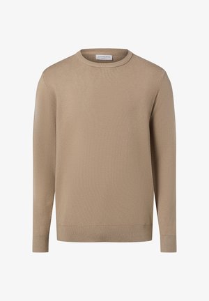 Beiger Langarm-Pullover mit Rundhalsausschnitt, geripptem Kragen, Bündchen und Saum, mit der Aufschrift "Lindbergh Relaxed Fit".