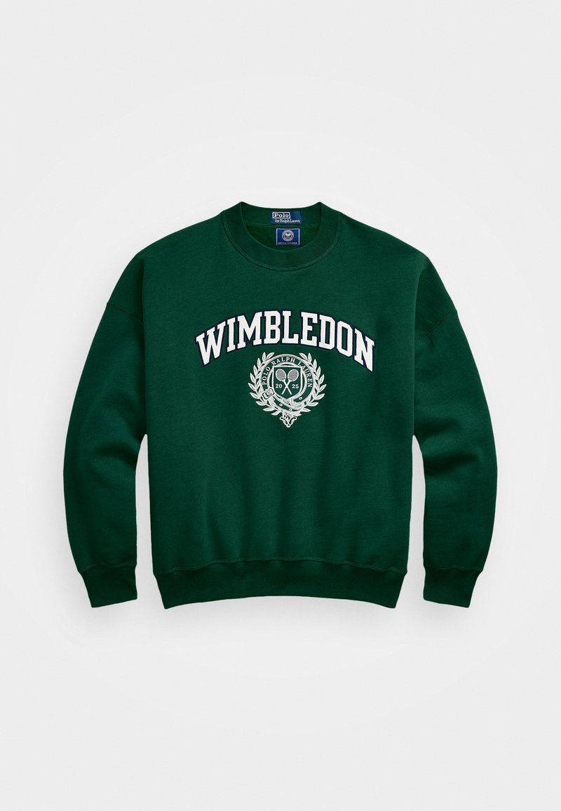 Zielona sweatshirt z okrągłym dekoltem. Posiada napis "WIMBLEDON" w białej literze oraz logo z motywem tenisowym i wieńcem laurowym. Wykonana z miękkiego materiału.