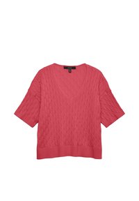 Roza pulover iz kavljanega bombaža z V-izrezom, kratkimi rokavi in oprijetim robom. Teksturiran vzorec dodaja globino celotnemu dizajnu.