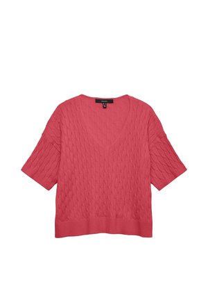 Růžový svetr s copánkovým vzorem, vybavený výstřihem do V, krátkými rukávy a žebrovaným lemem. Texturovaný vzor dodáv�á celkovému designu hloubku.