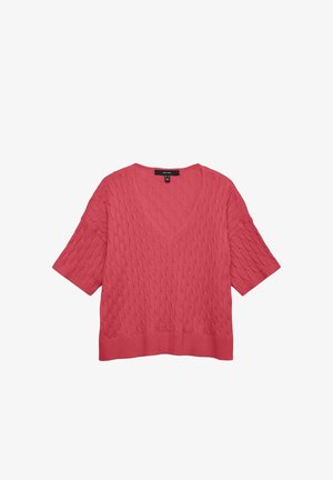 Różowy sweter w splot kablowy z dekoltem w serek, krótkimi rękawami oraz prążkowanym dołem. Teksturowany wzór nadaje głębi całemu projektowi.