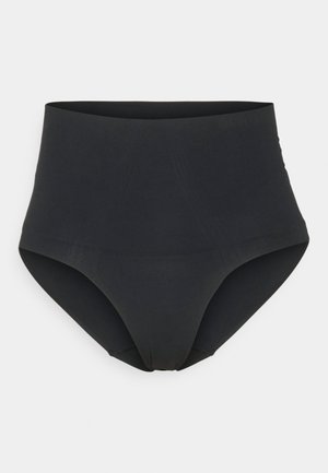 High-waisted black panties made of smooth, stretchy material with a seamless design and subtle texture.