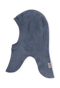 Balaclava per bambini in maglia di colore blu scuro. Caratterizzata da una vestibilità aderente, texture a costine e un'etichetta sul lato. Copre testa e collo.