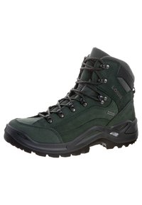 Stivale da trekking alto verde scuro con suola nera, occhielli metallici, collo della caviglia imbottito e etichetta Gore-Tex sul lato.
