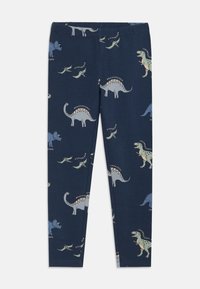 Leggings navy realizzati in morbido cotone, con un motivo di dinosauri che presenta varie specie e nomi stampati in colori chiari. Vita elastica.