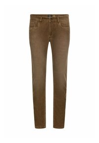 Slim-fit bruine corduroy broek met een sluiting aan de voorkant met knoop en ritssluiting, riemlussen en voorzakken, weergegeven op een witte achtergrond.