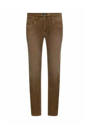 Slim-fit bruine corduroy broek met een sluiting aan de voorkant met knoop en ritssluiting, riemlussen en voorzakken, weergegeven op een witte achtergrond.