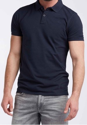 Dunkelblaues Poloshirt aus Baumwolle, mit klassischem Kragen, kurzen Ärmeln und einem kleinen gestickten Logo auf der Brust.