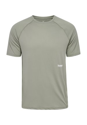 Kurzärmliges T-Shirt mit Rundhalsausschnitt in leicht olivgrün. Glattes, strukturiertes Material mit Flachnähten und kleinem Logo am unteren Vorderteil.