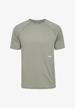T-shirt à manches courtes, col rond, en vert olive clair. Tissu lisse et texturé avec des coutures plates et un petit logo sur le bas à l'avant.