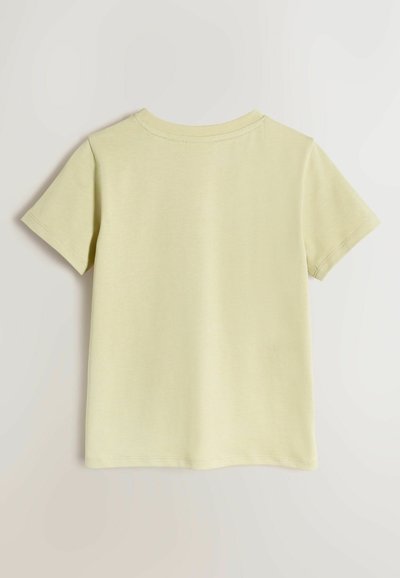 Lysegul T-shirt med korte ærmer og rund halsudskæring, glat tekstur og ren syning. Den har et enkelt design uden mønstre.