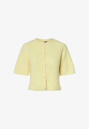 Gul ribbade kortärmad cardigan med rund halsringning och fem framsidor. Mjuk textur, kort passform och minimalistisk design.