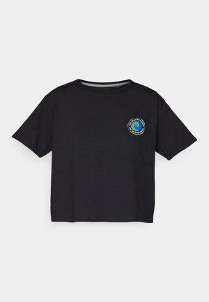 Black cotton short-sleeve T-shirt featuring a circular multicolored logo on the chest. Straight hem and relaxed fit.