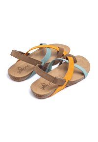 Suede sandals featuring brown, turquoise, and orange straps with a natural cork sole. Adjustable buckle for secure fit.