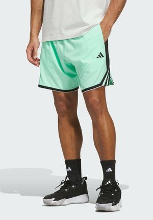 Mand iført mintgrønne og sorte Adidas-shorts med sorte Adidas-sokker og sorte atletiksko, stående med den ene hånd i lommen.