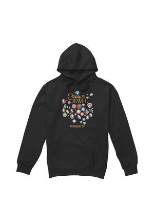 Black hoodie with front pouch pocket featuring colorful illustrated jewels and gold text reading Crown Jewel Bridgerton.