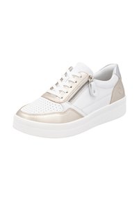 White and gold sneaker with a perforated toe, metallic accents, zipper detail, and white rubber sole. Smooth and textured leather materials.