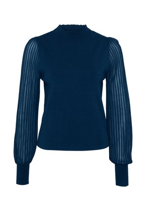 Pull bleu marine avec des manches bouffantes transparentes à côtes et un col montant. Corsage ajusté avec des manches longues et des accents texturés.