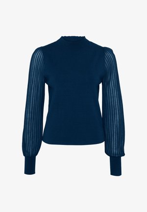 Dunkelblaues Sweatshirt mit gerippten, transparenten Puffärmeln und hohem Kragen. Eng anliegendes Oberteil mit langen Ärmeln und strukturierten Akzenten.