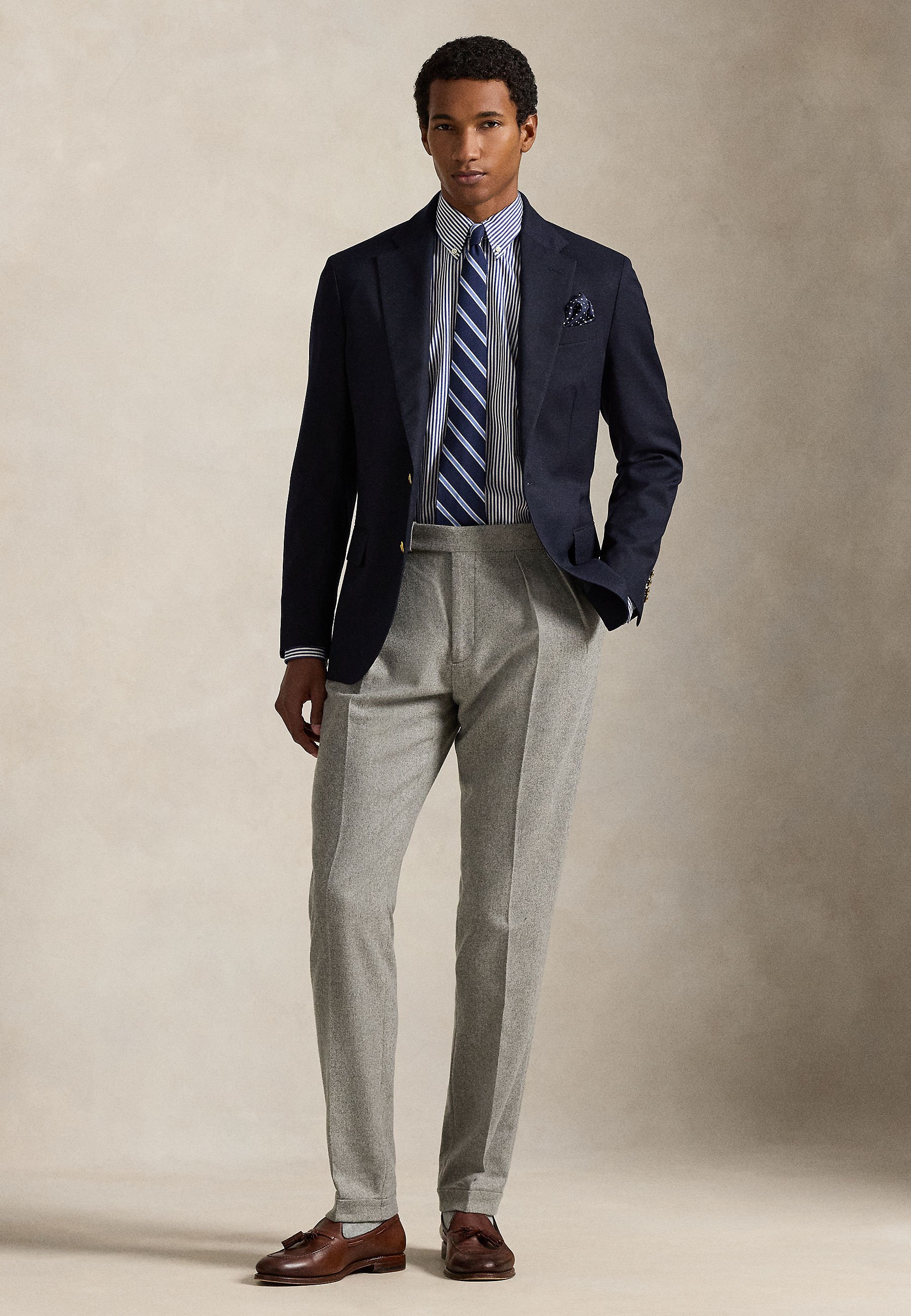 blue blazer grey trousers brown shoes