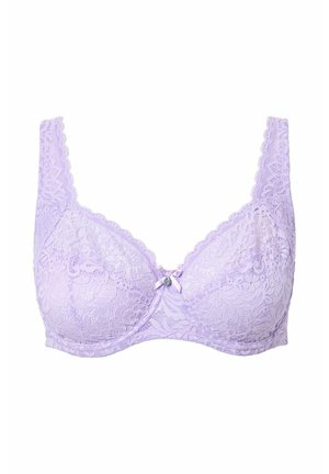 Lavendel Spitze BH mit floralem Muster, halbweichen Körbchen, verstellbaren Trägern und einer dekorativen Schleife in der Mitte. Strukturierte Spitzenoptik über das gesamte Modell.