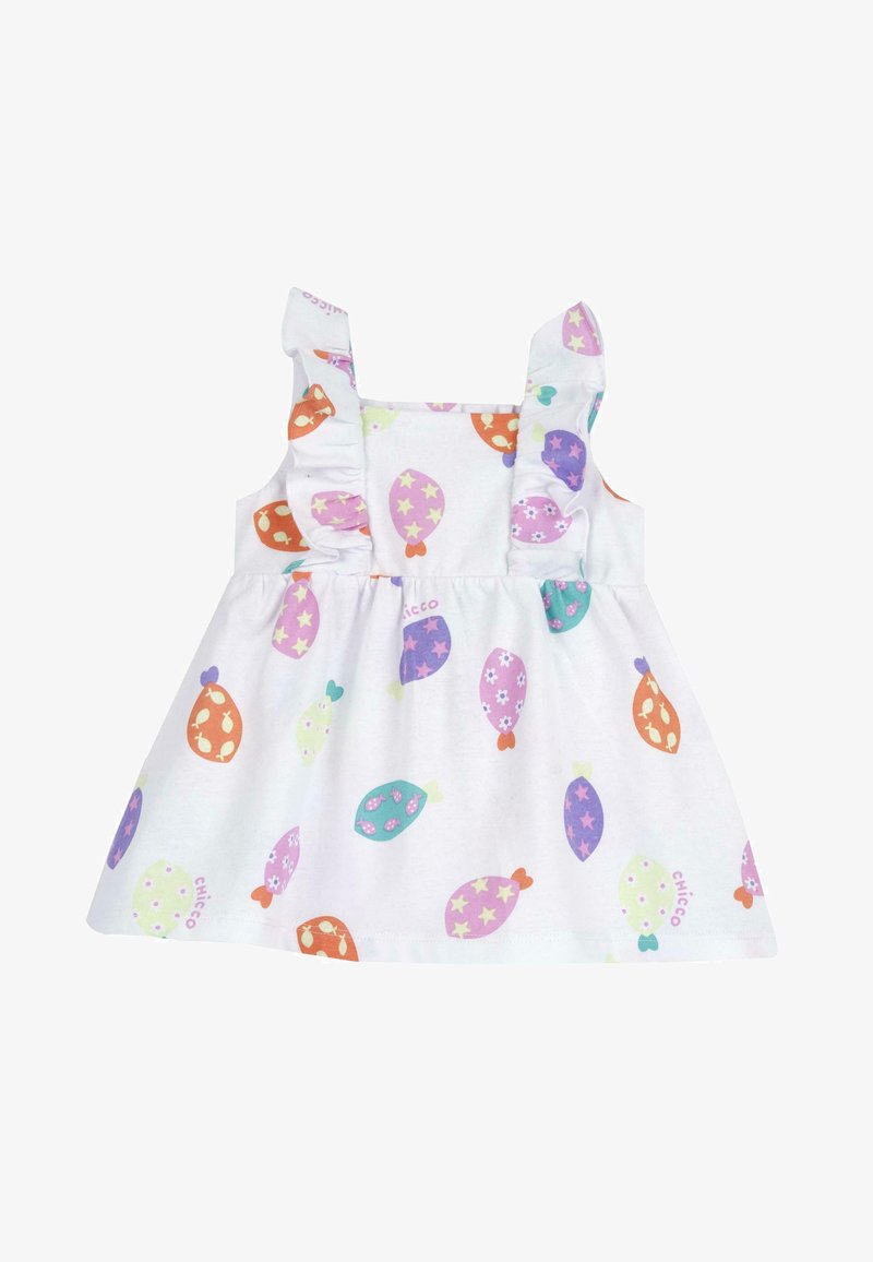 Hvid bomulds kjole med farverige ballonmønstre i pink, lilla, orange og grøn, med rynkede stropper og en udvidet nederdel.