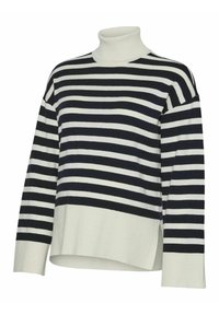 Jersey de cuello alto a rayas con franjas alternas en azul marino y blanco, textura acanalada, aberturas laterales y corte relajado.