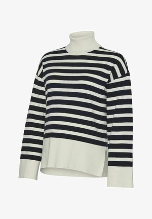 Stribet turtleneck sweater med skiftende mørkeblå og hvide striber, ribbet tekstur, sideslidser og afslappet pasform.