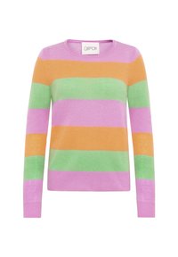 Pull en maille rayé avec des bandes horizontales rose, orange, verte et lavande. Encolure ronde et poignets côtelés. Texture douce.