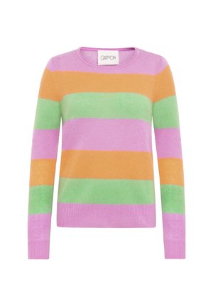 Strikket trøje med striber i pink, orange, grøn og lavendel. Rund halsudskæring og ribstrikkede manchetter. Blød tekstur.