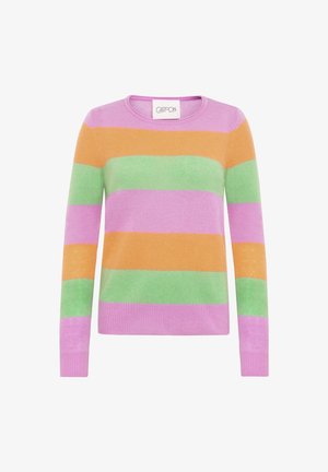 Striped knit sweater featuring horizontal bands in pink, orange, green, and lavender. Round neckline and ribbed cuffs. Soft texture.