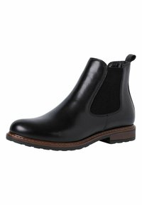 Botín Chelsea negro de cuero con paneles laterales elásticos, puntera redonda, acentos de costura marrón y un tacón bajo de madera, con una suela texturizada.